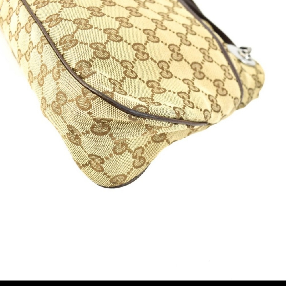 GUCCI: Beige, "GG" Logo & Brown Leather Logo Tote/Shoulder Bag - Picture 6 of 9